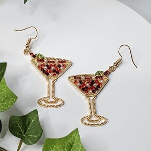 Gold and Ruby Red Crystal Martini Glass Earrings New